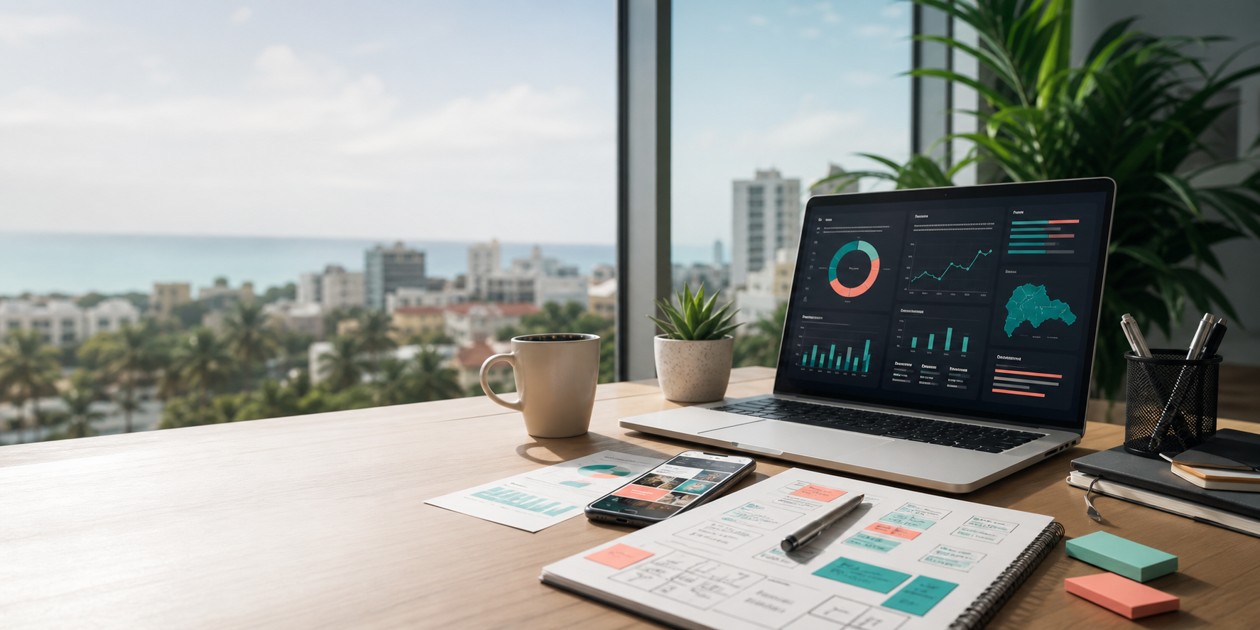 Mesa de estrategia digital con analítica y campañas online